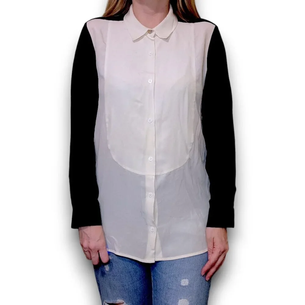 Sandro Paris Black and White Contrast Button Down 100% Silk Top - Picture 2 of 7